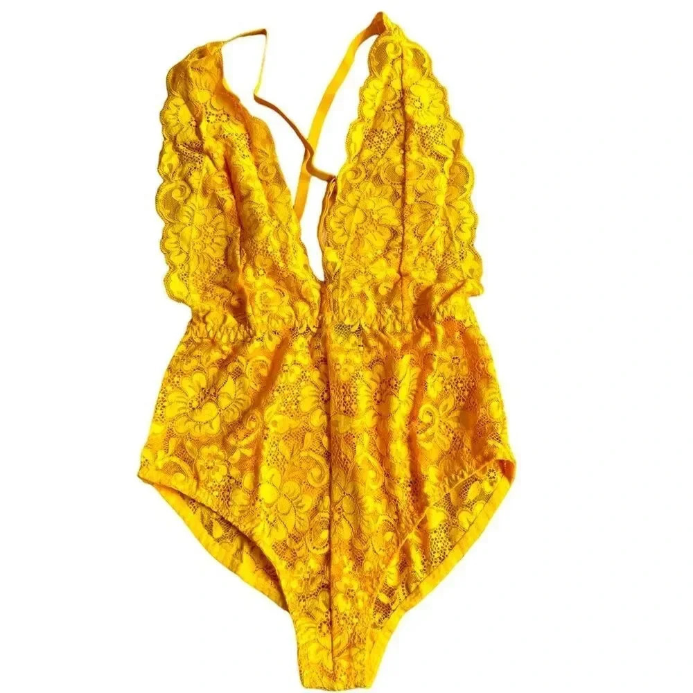 We are HAH Yellow Marigold Lace Bodysuit Sexy Lingerie Spaghetti Straps XS NWT